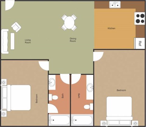 A floor plan of a house showing a living room, dining room, kitchen, two bathrooms, and two bedrooms.